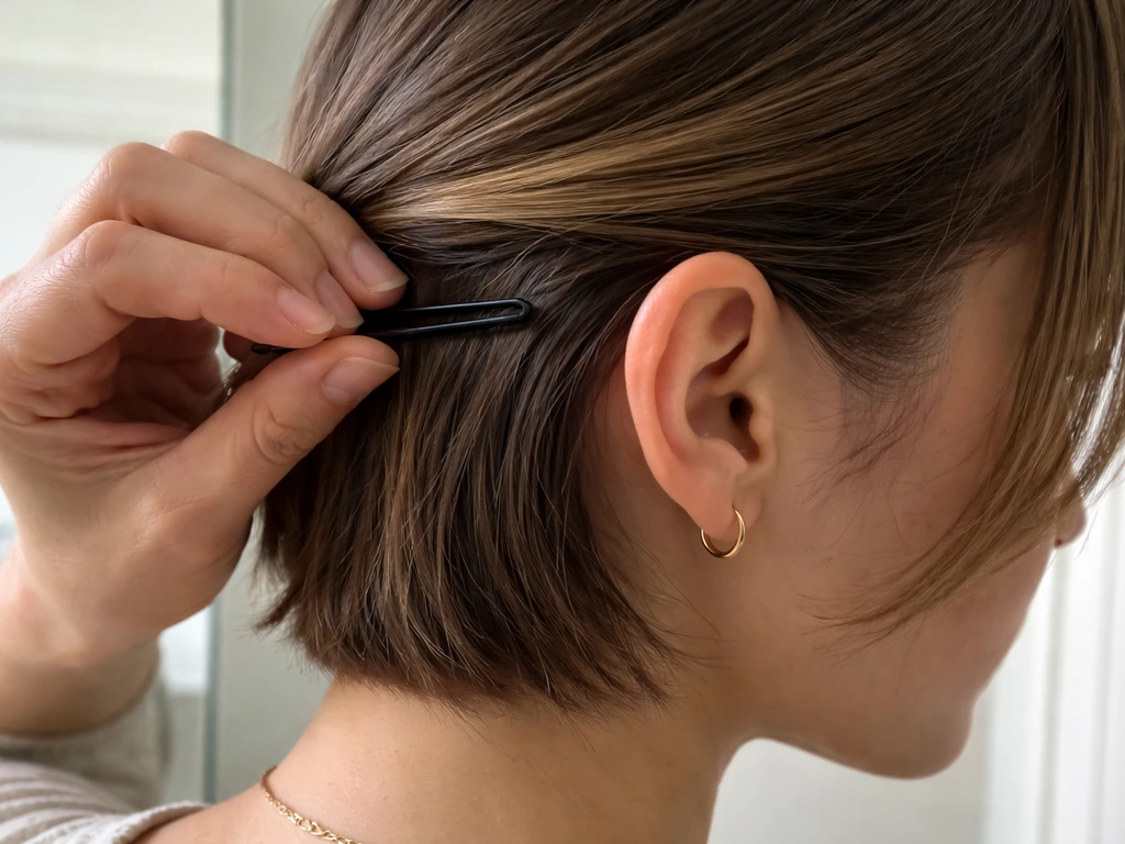 Hand tucks short side hair back with bobby pins behind the ear in natural light.