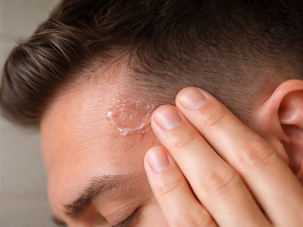 Close-up of irritated temple razor-bump regrowth area with a hand applying soothing aftercare gel
