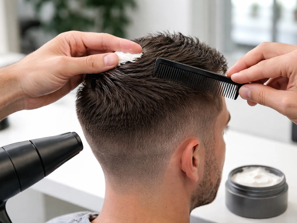Hands styling short hair with hair wax, comb, and blow-dryer nozzle on a clean salon counter