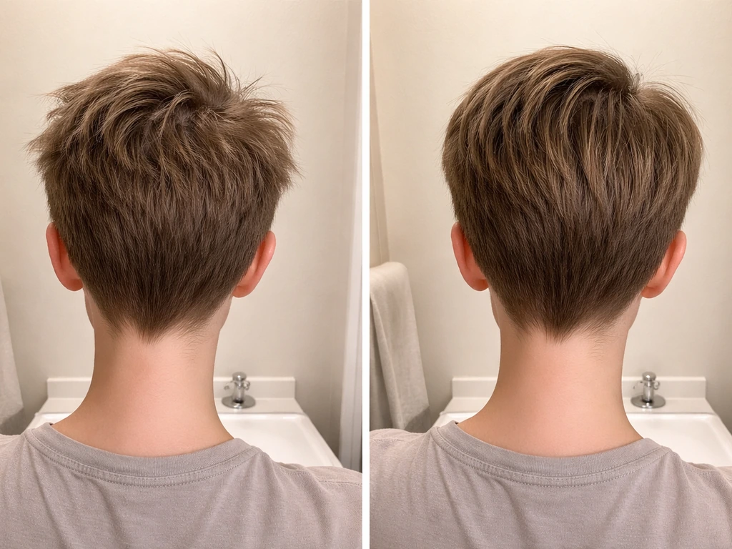 Person with short regrowth hair looking overgrown, then styling it into a soft, tamed side-forward look.