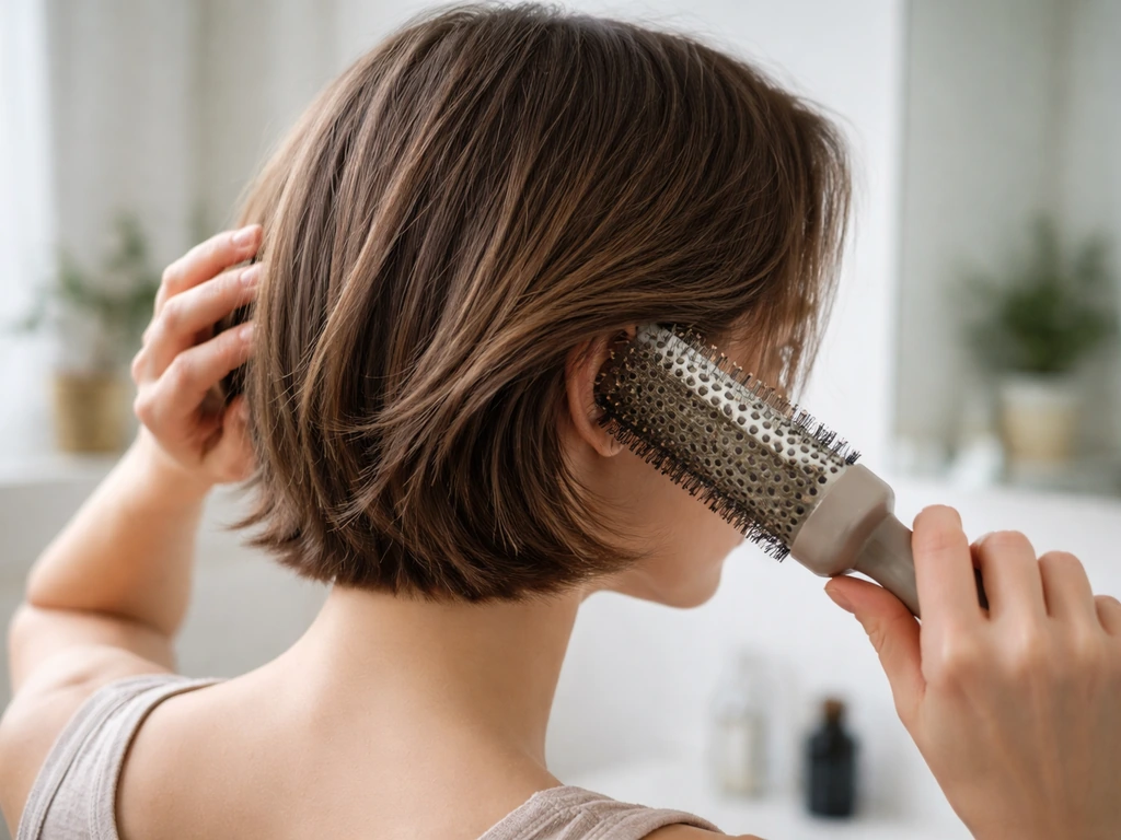 Close-up of hands tucking growing bob fringe behind an ear with a rounded brush drying the sides