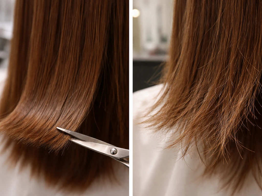 Close-up of hair ends with split ends vs healthy tips, scissors hovering for a tiny dusting trim.