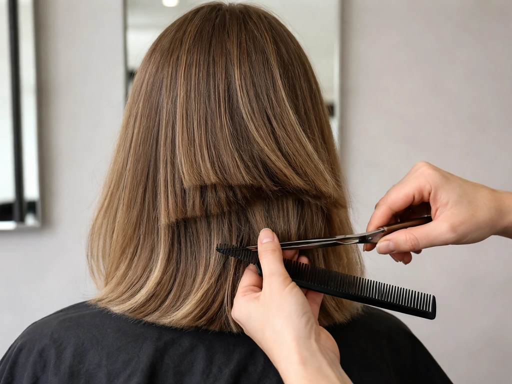 Hairstylist trims uneven blunt layers on regrowth using shears and a comb in a salon