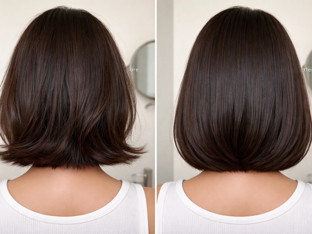 Two close-up hair shots showing bob ends flipping outward versus smoothed toward shoulders