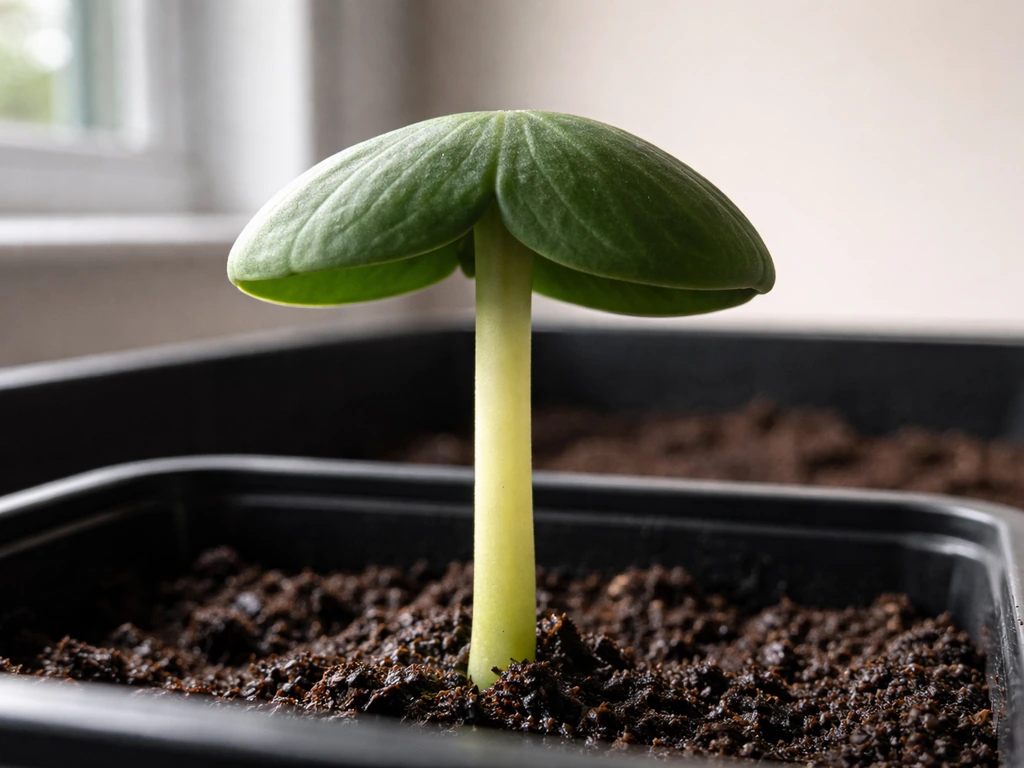 Close side view of a young plant shoot with helmet-like cap shape, showing longer top and shorter sides.