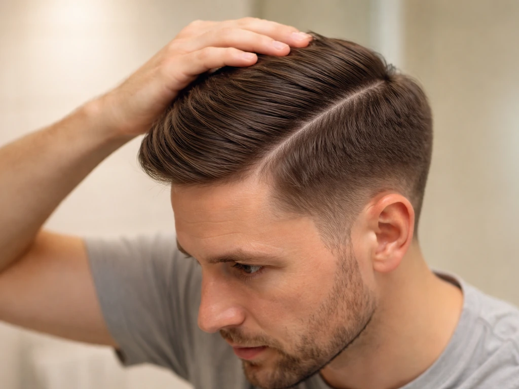 Close-up of someone creating a side part, combing longer top hair over shorter sides in natural light.