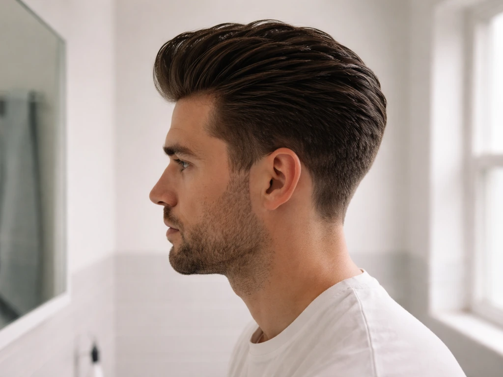 Anonymous man’s side profile showing medium-hold gel slick-back to reduce top volume.