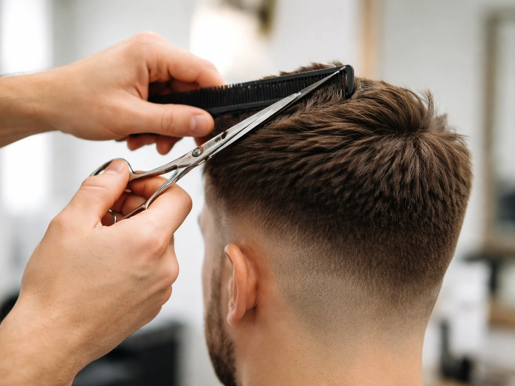 Barber trimming dark hair with scissors and comb, showing a smooth blend between shorter sides and trimmed top.