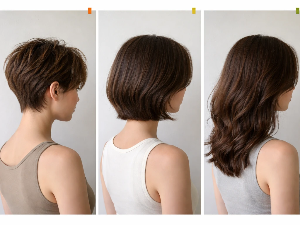 Three-photo collage showing hair grow-out stages from pixie to bob to longer hair.