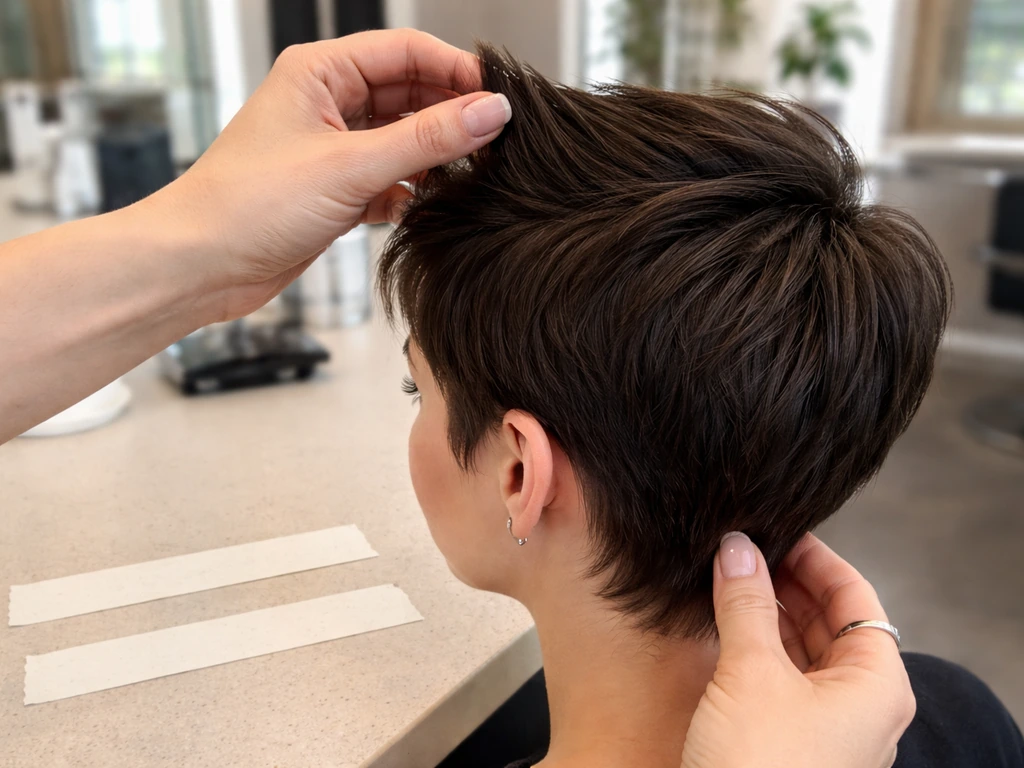 Close-up of a short pixie haircut held by hands with masking tape marking a longer growth target length.