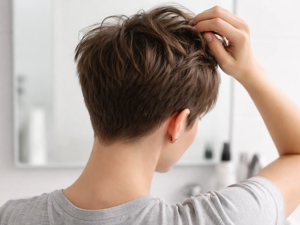 Anonymous pixie grow-out hair styling showing trimmed sides/back perimeter and longer top.