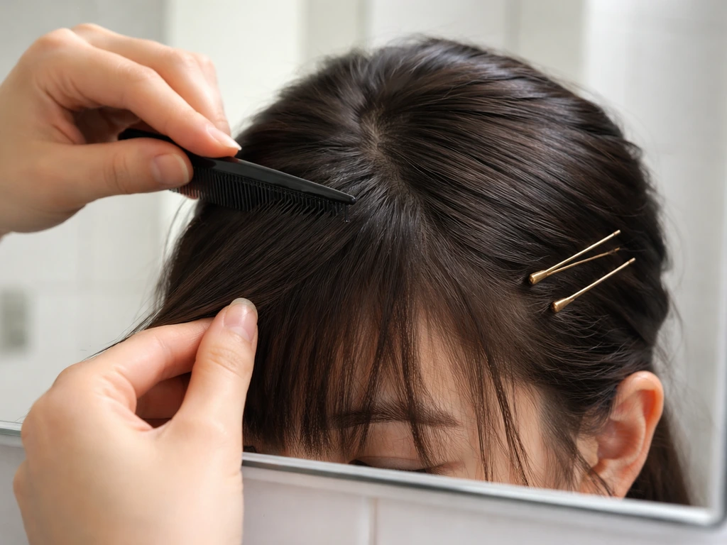Person’s fringe being partially pinned to the side with bobby pins using a fine-tooth comb.