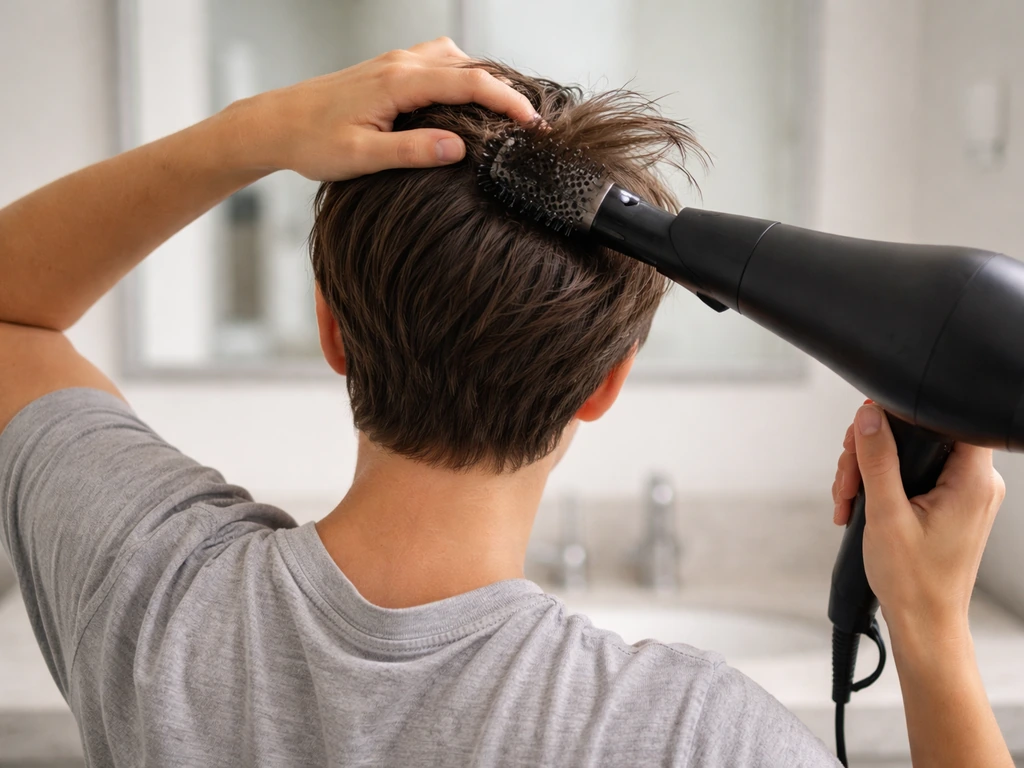 Anonymous person blow-drying and brushing damp hair to tame a crown cowlick and uneven regrowth.