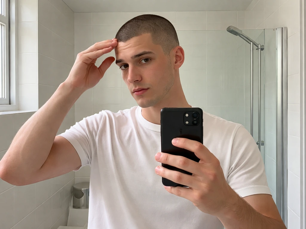 Anonymous man in a bathroom mirror taking a phone photo to document his very short buzz haircut start.