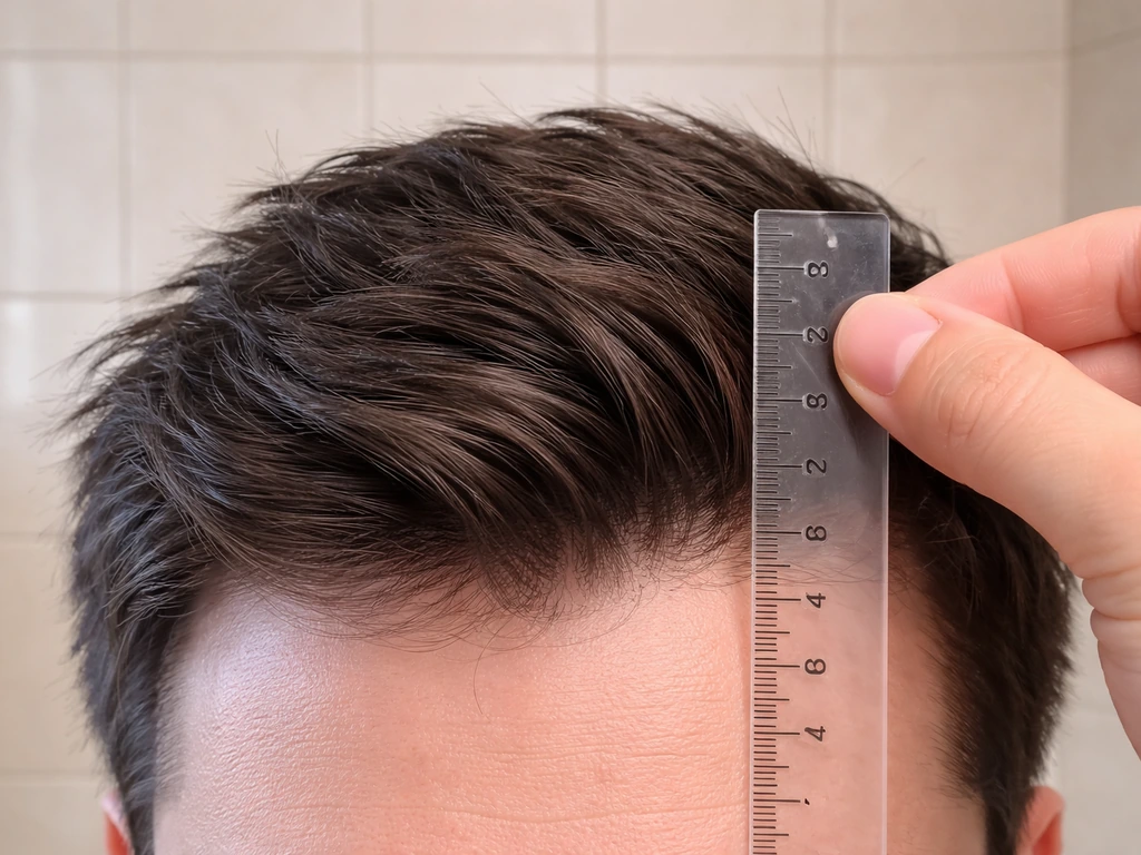 Close-up of hair on top with a ruler and numbered markers beside the hair length.