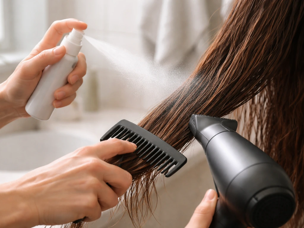 Heat protectant spray mist on damp hair, with a hair dryer and brush directing airflow to reduce frizz.