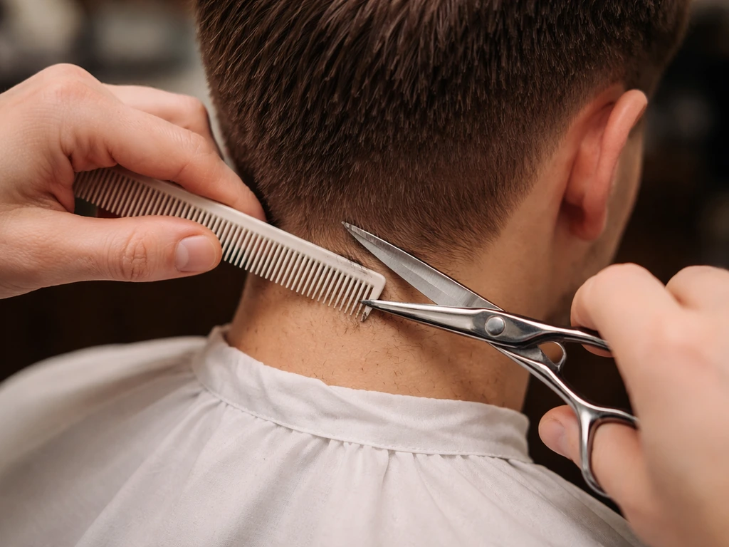 Close-up of combed hair and barber shears over a clean cape, showing careful neckline shaping.