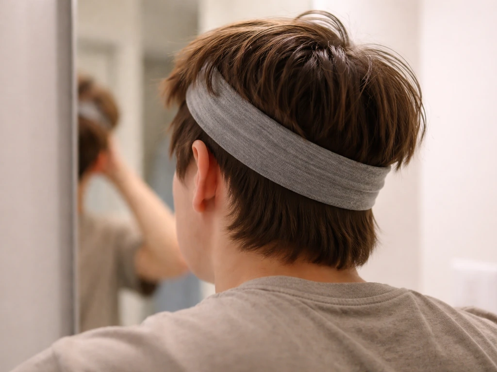 Anonymous hair being trained in place with a low-profile headband, front strands flop awkwardly.