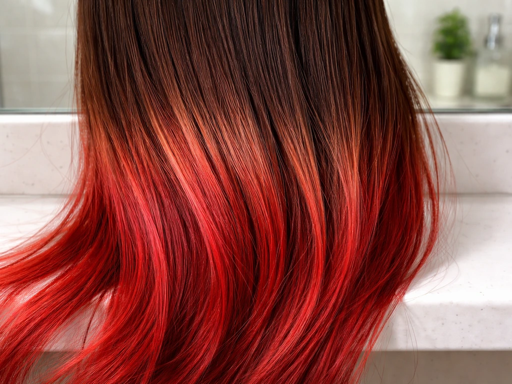 Close-up of red dyed hair tips with a clear regrowth line and soft root contrast
