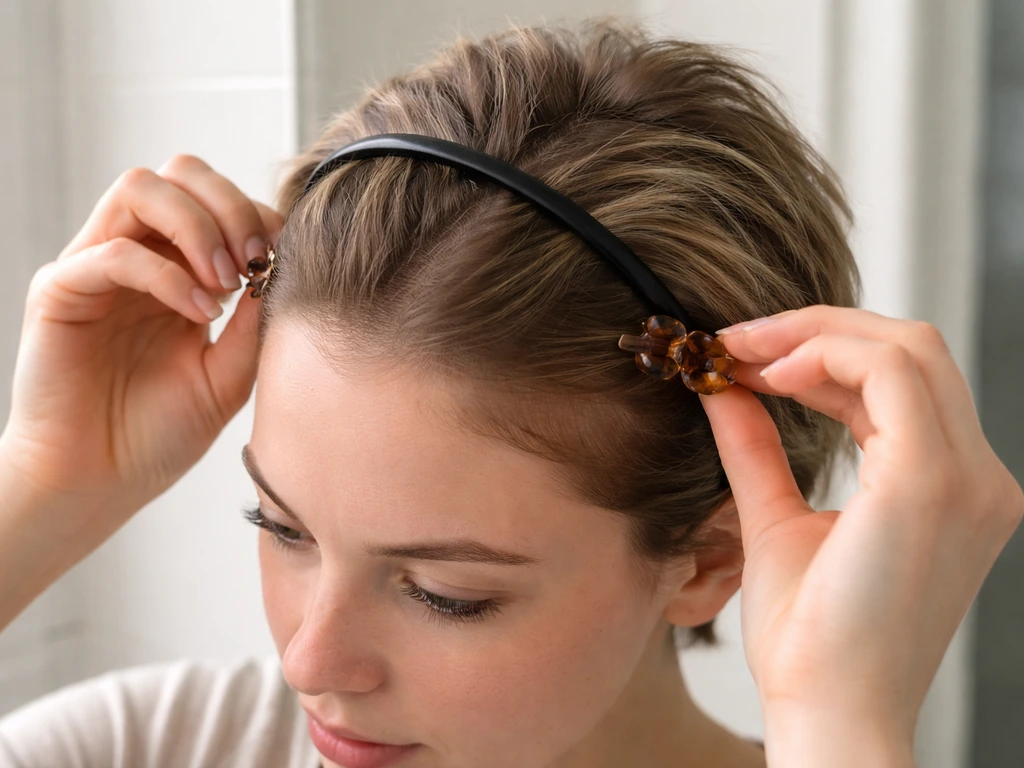 Close-up of hands placing half-up clips and a headband on short, textured hair with visible roots.