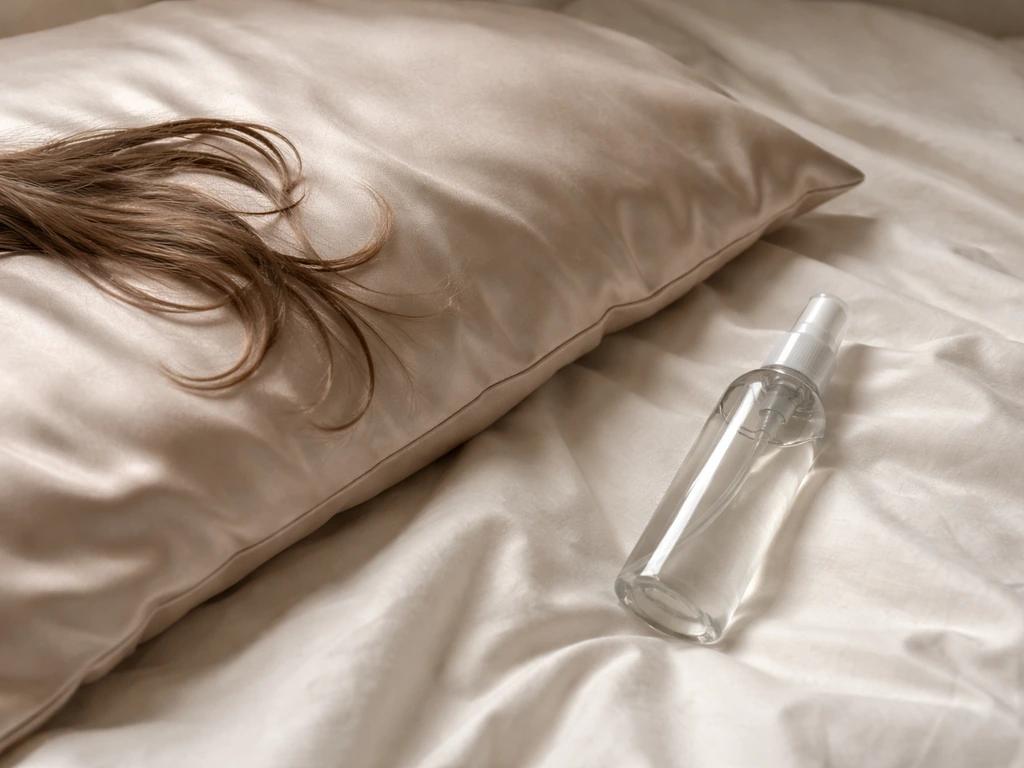 Satin pillowcase with hair resting on it, with a nearby hair-care spray bottle for heat and UV protection.