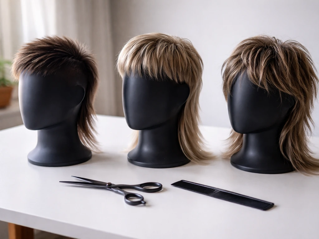 Three mannequin hair forms showing modern, classic, and shaggy mullet silhouette targets on a tabletop.
