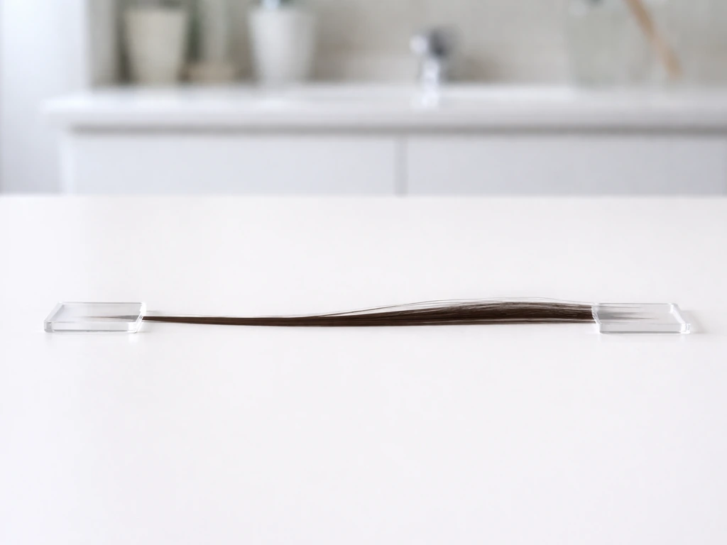 Dark hair strand laid between two clear rulers on a bathroom vanity to show shorter vs longer length.