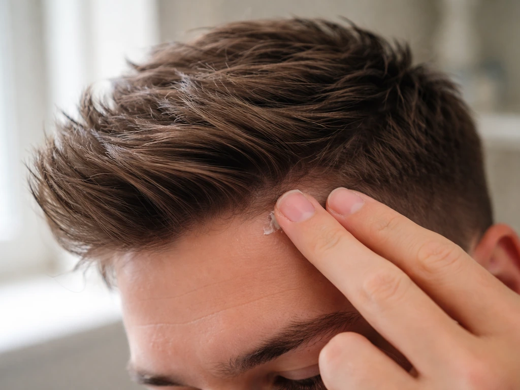 Close-up of hair on top pushed forward and side-swept with matte product, fingertips styling the front.