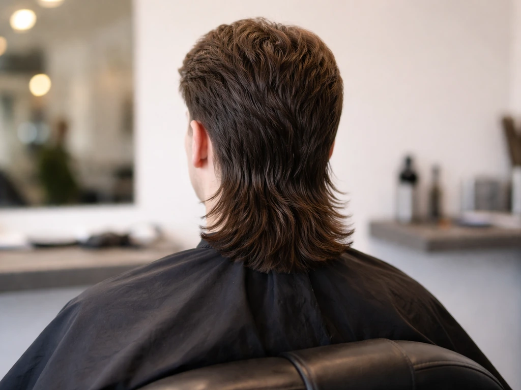 Barber cape covering a customer with a finished mullet haircut, longer back layers and tidy sides in a salon.