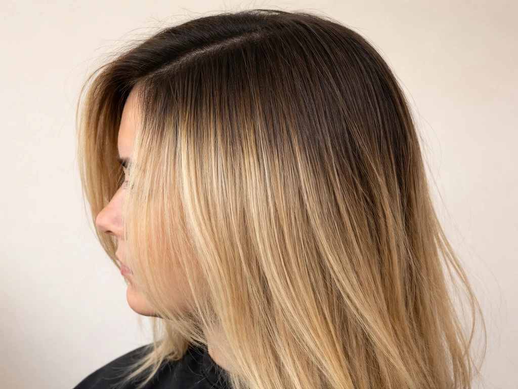 Close-up of hair with visible grow-out highlight line, showing quick blend needs.