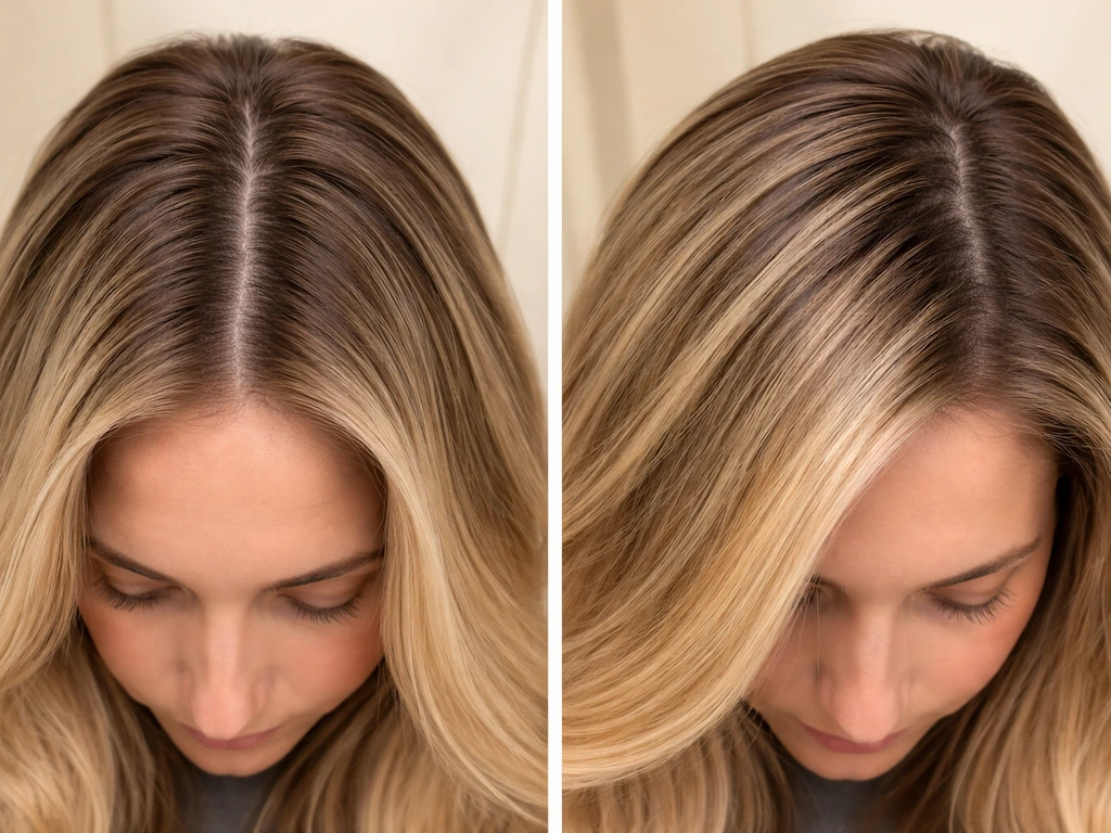 Close-up of grow-out highlighted hair showing root-line visibility in center vs side part.