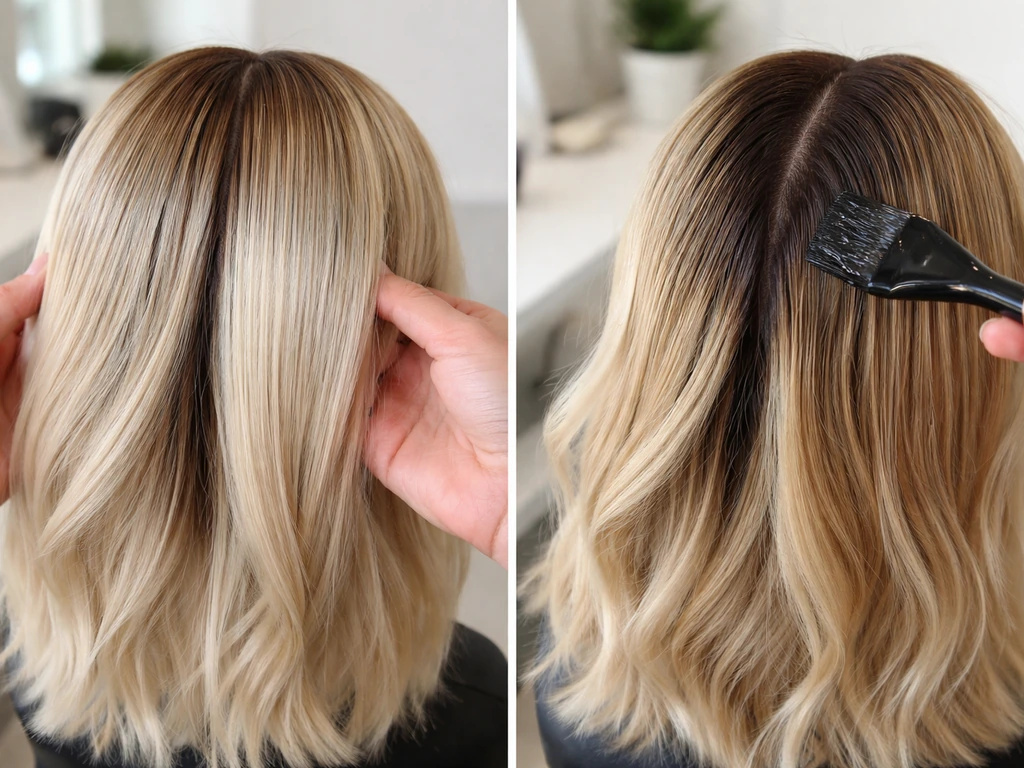 Close-up of hands applying gloss on one hair section and shadow-root smudge on another, showing the difference.