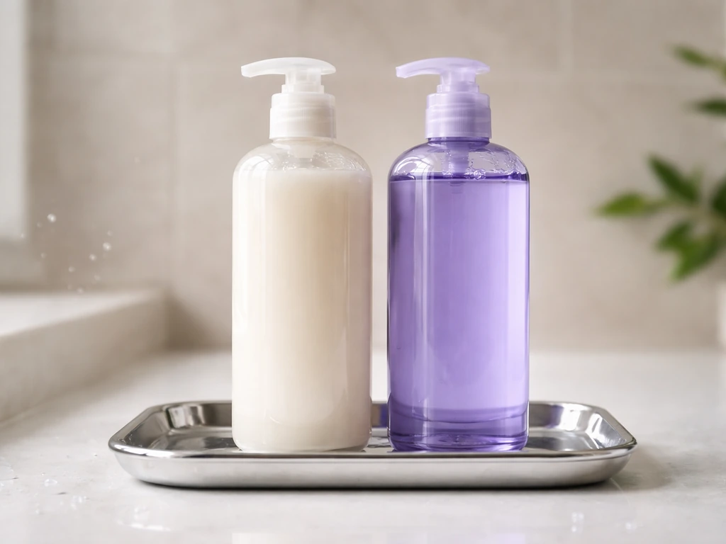 Sulfate-free and purple/blue shampoo bottles arranged neatly on a bathroom counter for highlight color care.