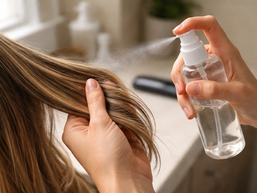 Close-up of hands applying heat protectant to highlighted hair before using a hot styling tool.
