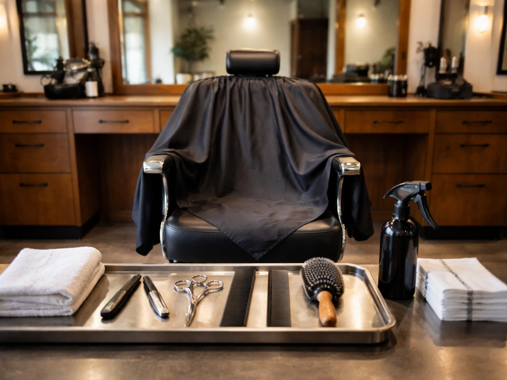 Clean barber shop styling chair with professional tools, showing a fresh before/after grooming vibe