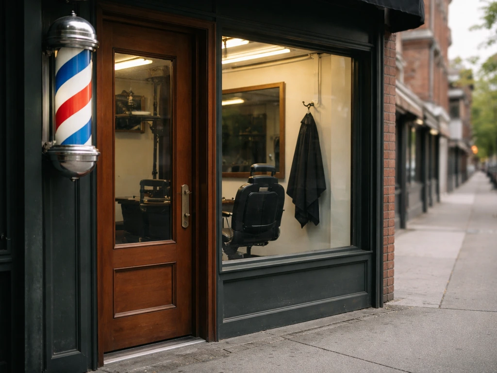 Quiet city barbershop exterior with a striped pole and hints of a classic haircut specialty vibe.