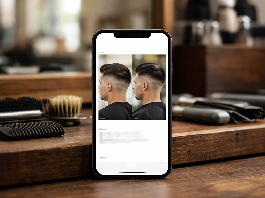 Phone mockup showing a barber fade before-and-after carousel on an anonymous barbershop counter.