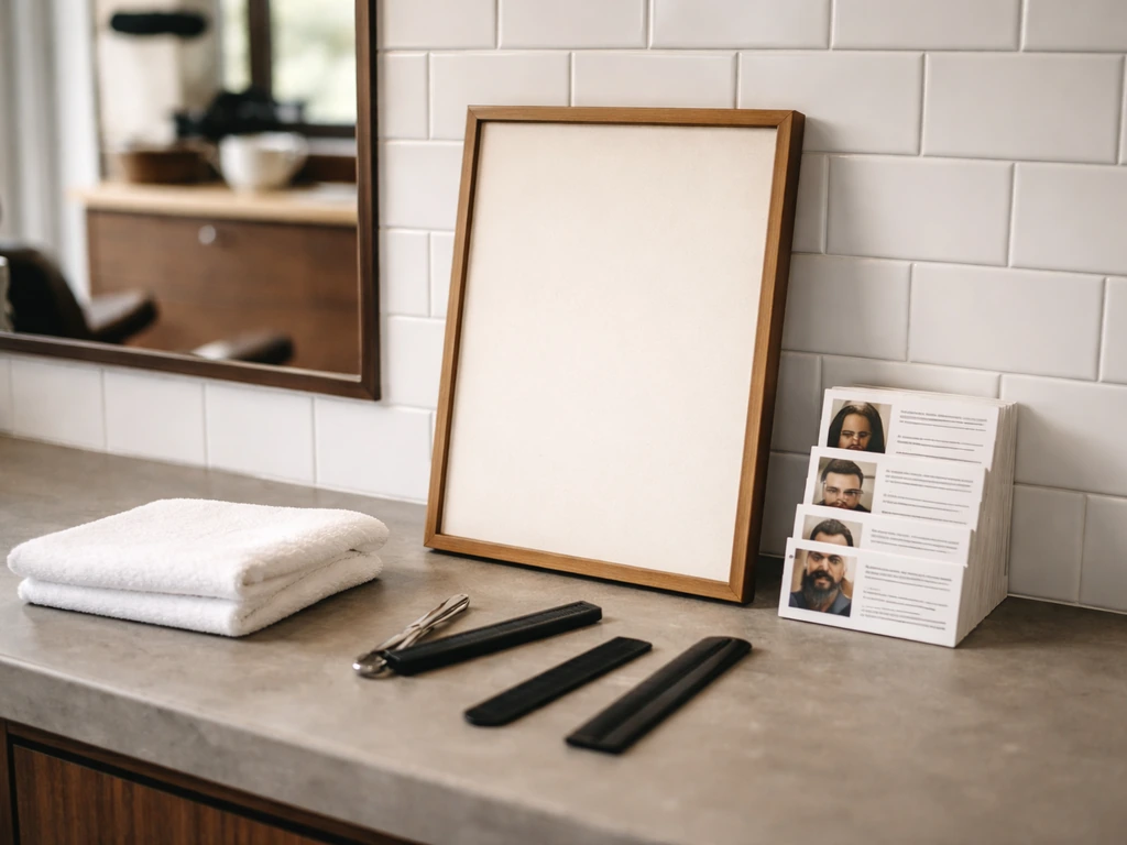 Barber shop counter with a neat service menu board and neatly arranged pricing cards, showing add-on packages