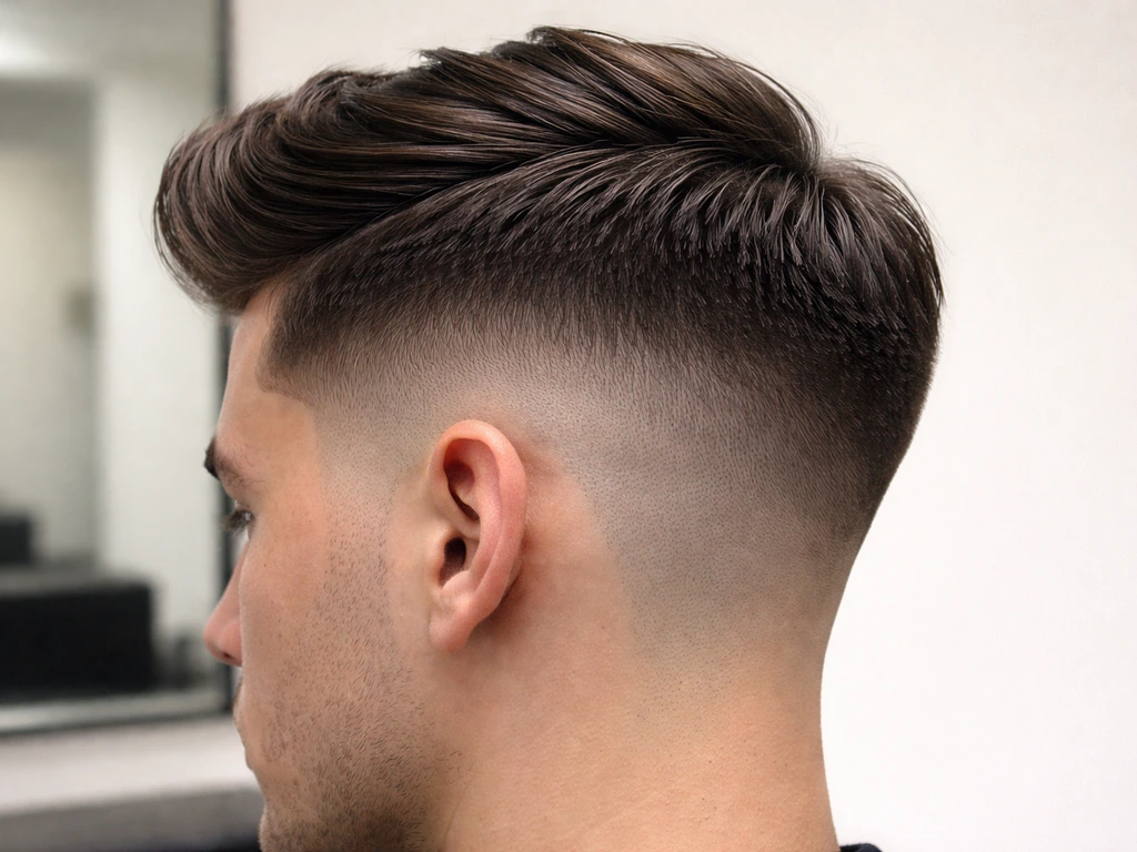 Close-up of a haircut showing a high-contrast undercut versus longer top sections.