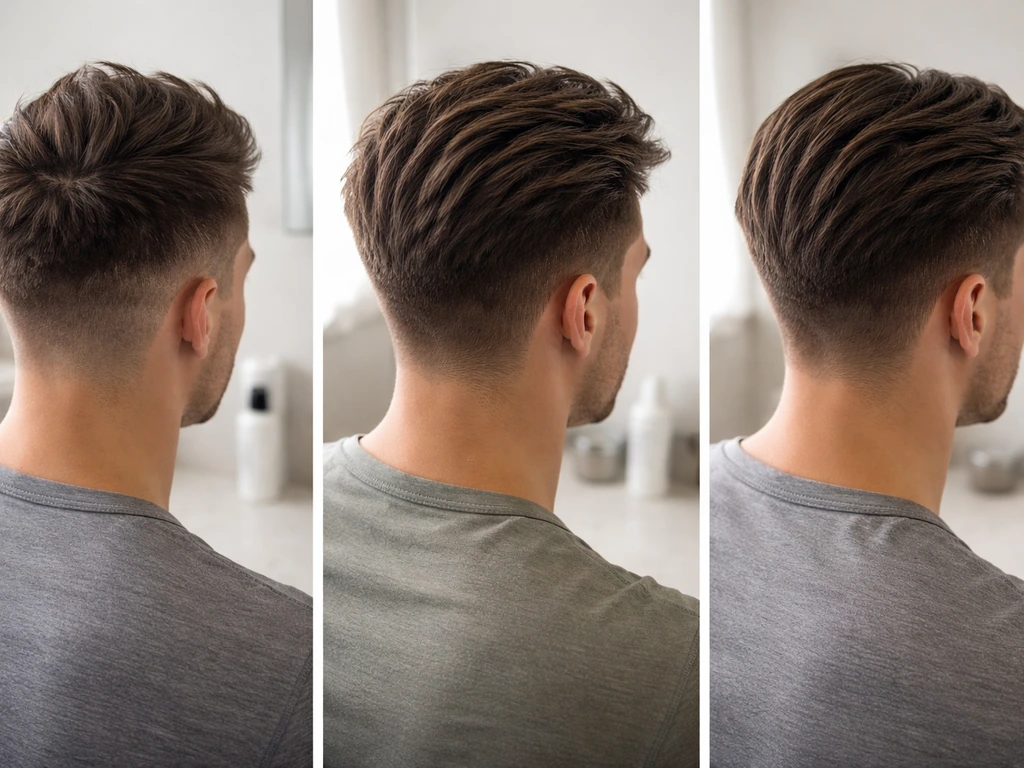 Three close-up panels of different men’s hairstyles on a bathroom counter, showing short-to-long undercut styling stages