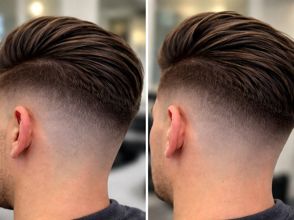 Hair close-up showing undercut edge meeting longer top, highlighting the potential stripe risk.