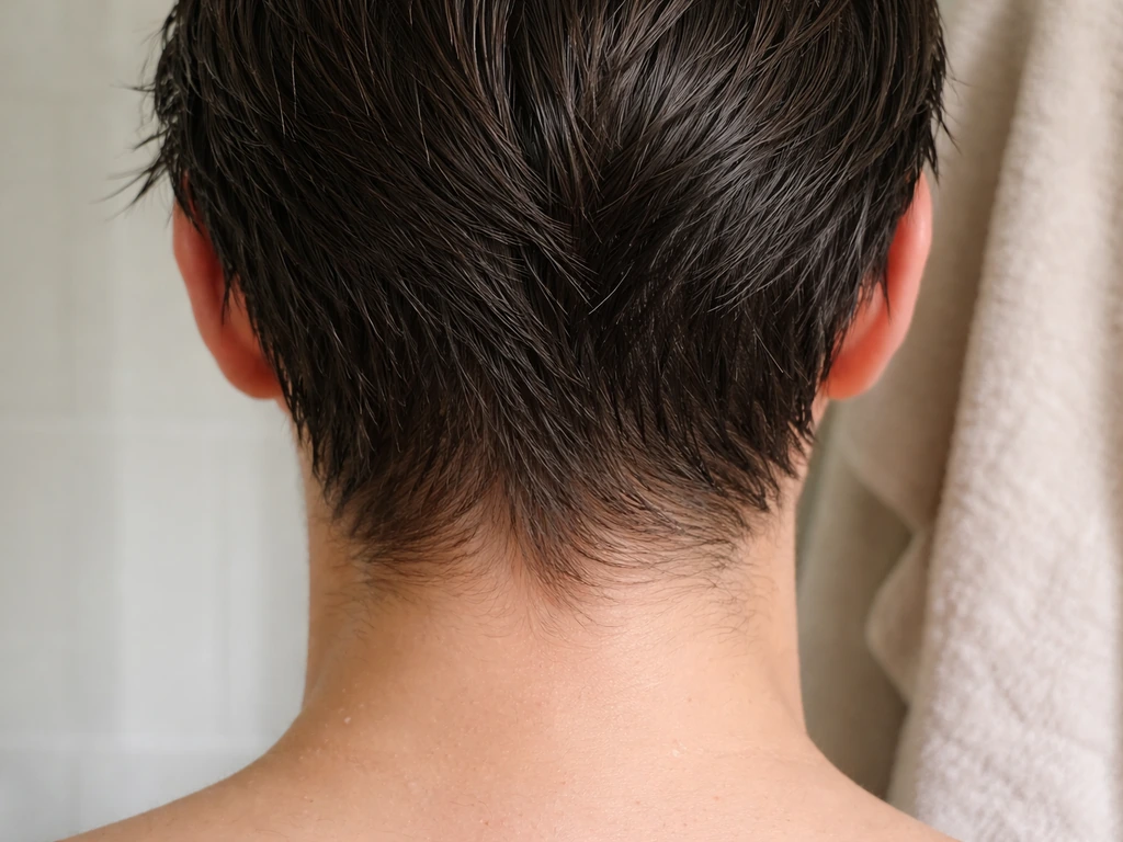 Close-up of hair at crown and nape showing a cowlick/swirl as it grows out.