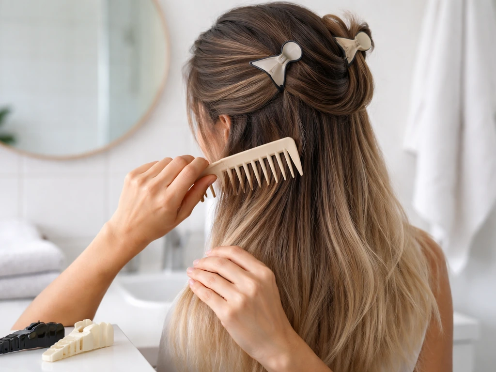 Person detangling chemically treated hair with a wide-tooth comb beside hair clips in a bright bathroom