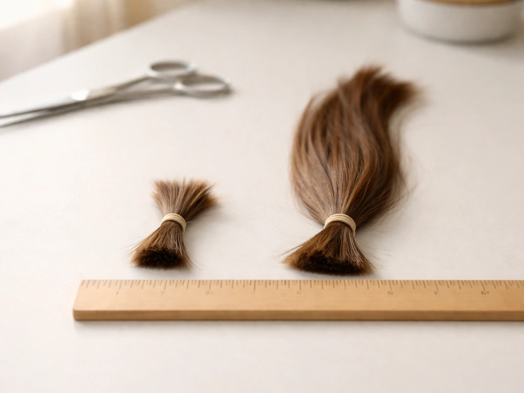 Close-up of hair strands beside a small ruler on a clean desk, suggesting hair growth over time.