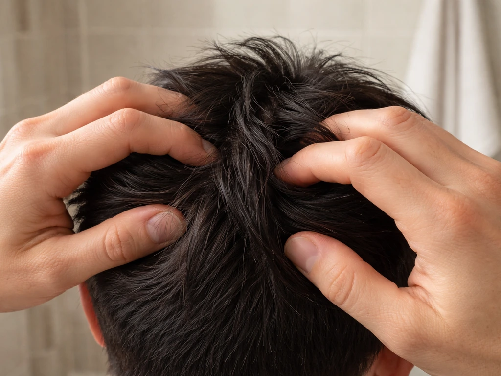 Anonymous hands gently massaging the scalp with fingertips in small circles.