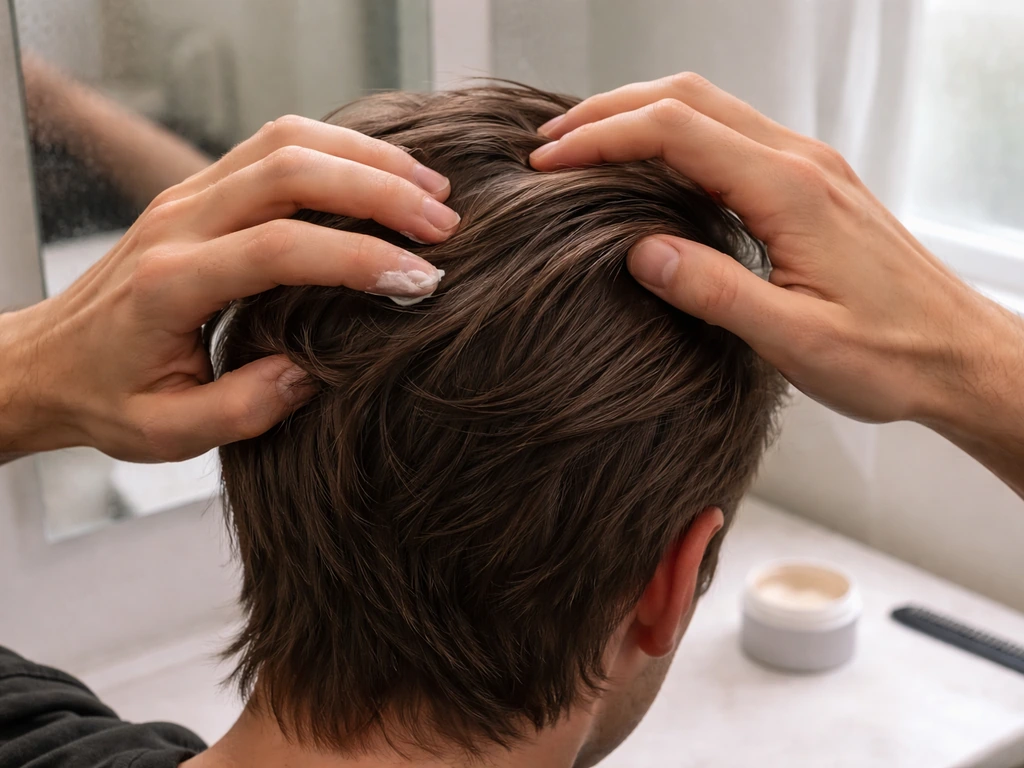Person styling damp hair with a cream and brush in a simple bathroom setting