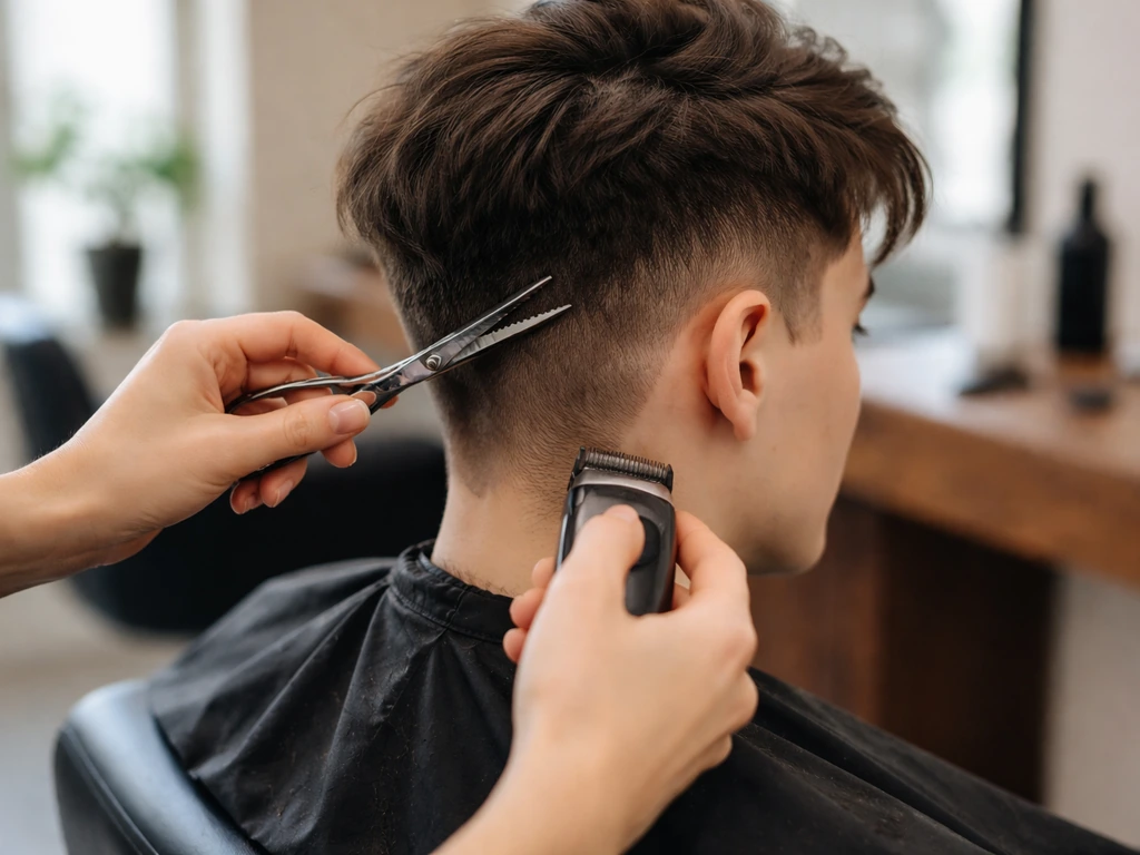 Hair stylist using thinning shears and clipper guards on a client’s sides during a haircut consultation