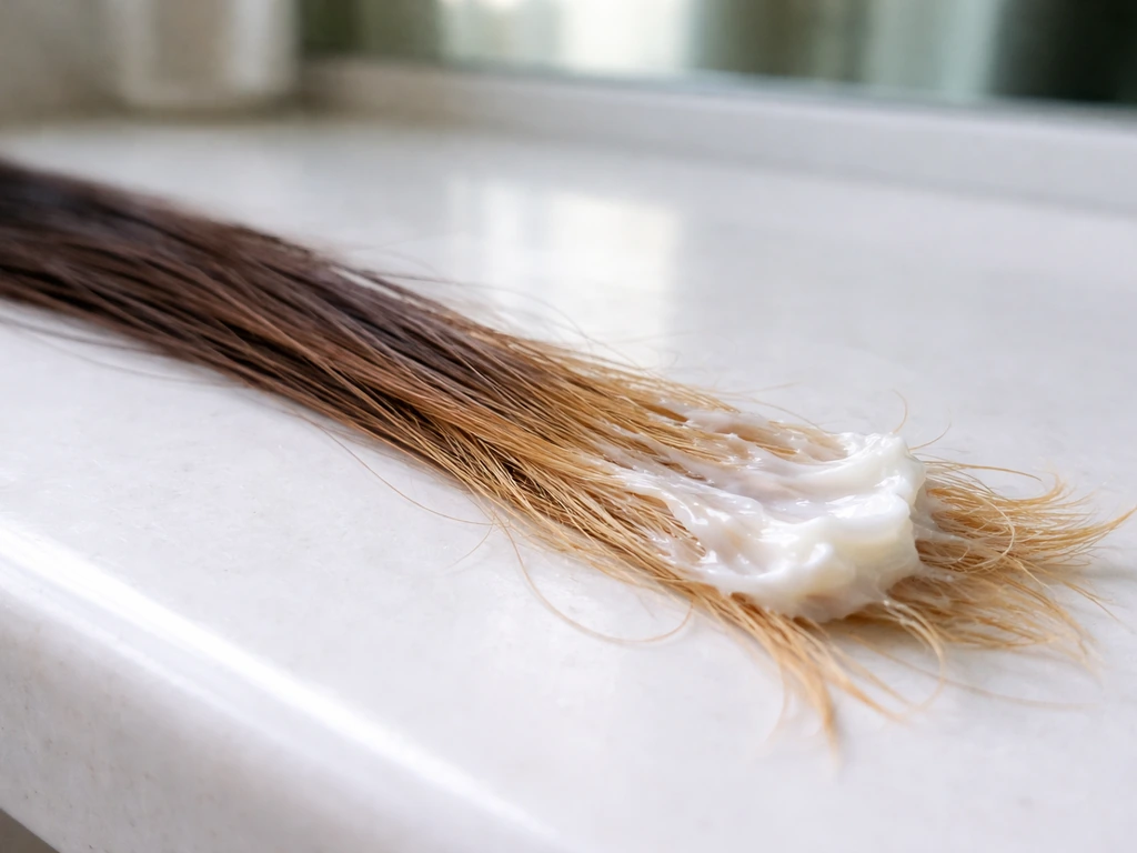 Close-up of two sections of hair under bright light with a bond-repair mask applied to damaged ends.