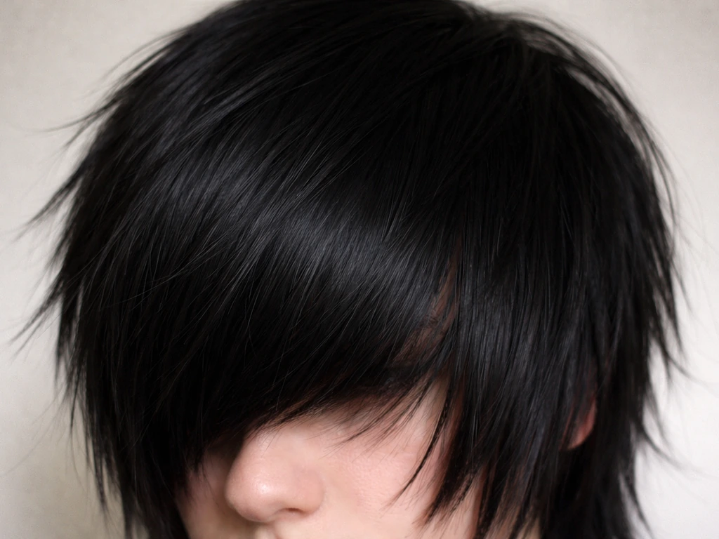 Close-up of messy emo-style fringe with blunt side-swept bangs and choppy layered texture over one eye