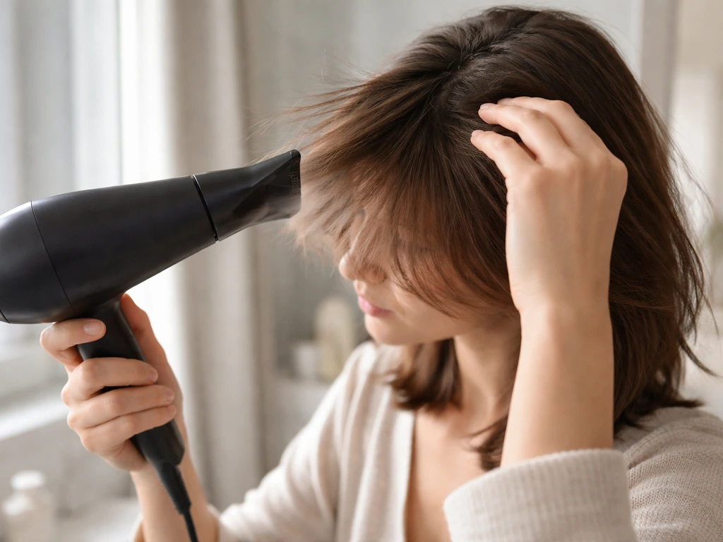 Person blow-drying bangs with a nozzle, achieving a side-swept fringe during awkward grow-out